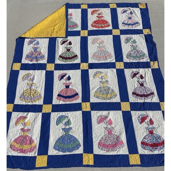 Vintage Parasol Ladies Quilt Hand Stitched Appliqués Blue Border Twin 74”X91” - Picture 2 of 16